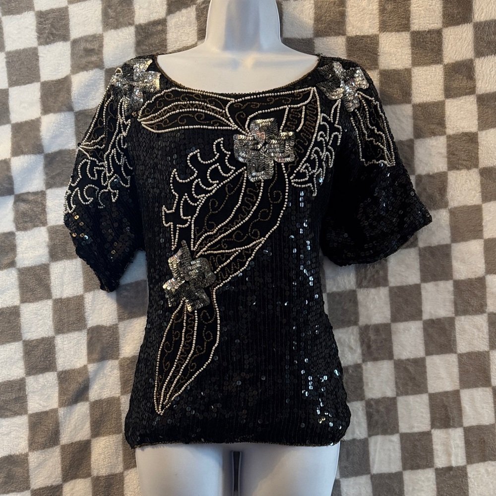Vintage JOSEPH LE BON 100% Silk Black Sequin Beaded Floral Formal Top Sz XL